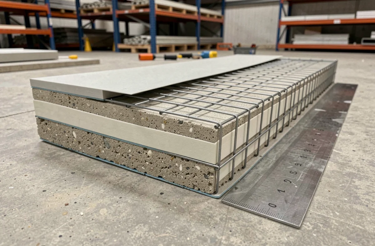 Coupe transversale d'une paroi de piscine montrant les couches de béton armé et de membrane d'étanchéité avec une règle graduée