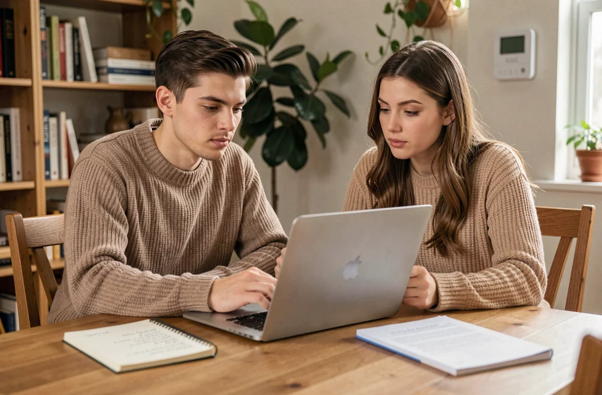 Couple analysant leur consommation d'énergie sur un ordinateur portable pour identifier des gestes réduisant leur empreinte carbone
