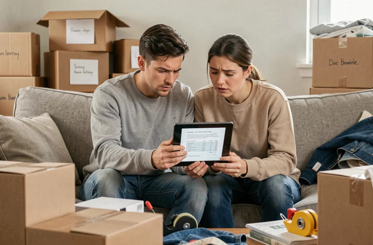 Couple consultant un devis de déménagement sur une tablette assis parmi des cartons dans leur salon