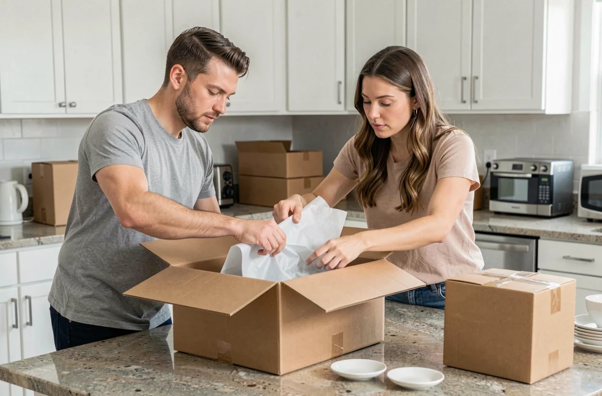 Couple emballant des objets fragiles dans du papier bulle pour organiser les cartons de déménagement