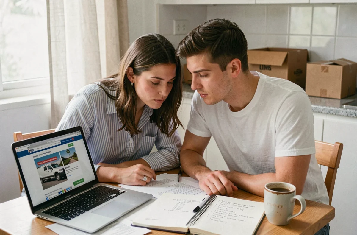 Couple planifiant leur déménagement autour d'un ordinateur portable et d'un carnet de budget posés sur une table de cuisine