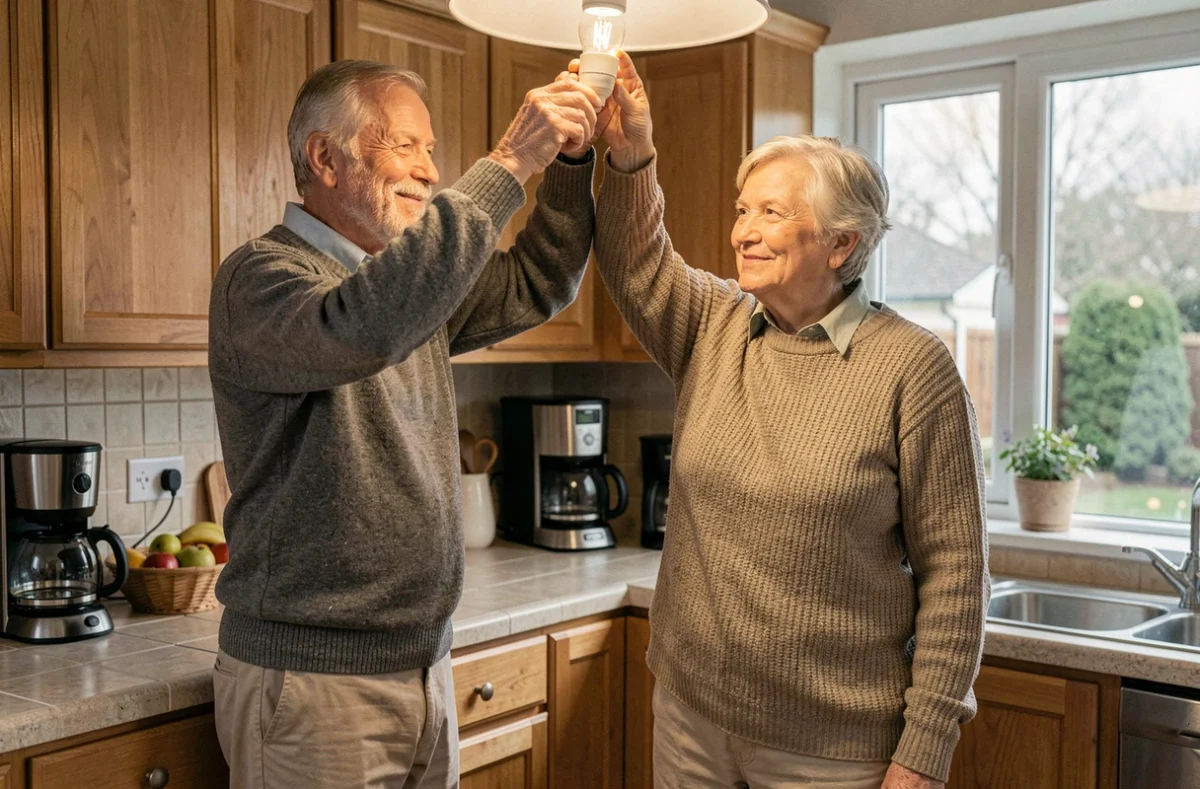 Couple senior remplaçant une ampoule par une LED pour économiser l'électricité dans la cuisine