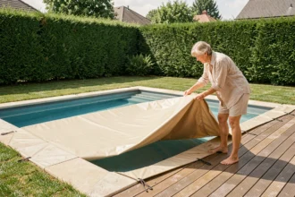 Femme installant une couverture de piscine rectangulaire dans un jardin en été