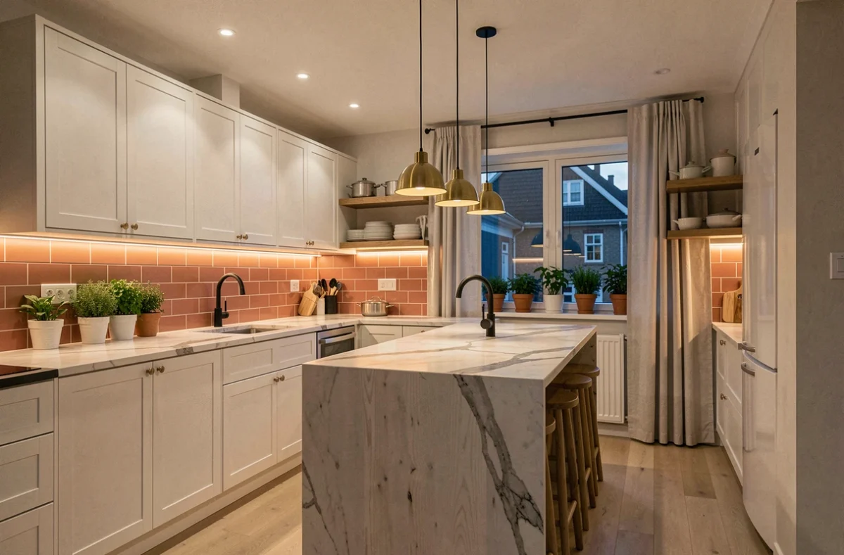 Cuisine scandinave avec système d'éclairage multicouche composé de spots encastrés, suspensions en laiton et bandeaux LED sous les meubles