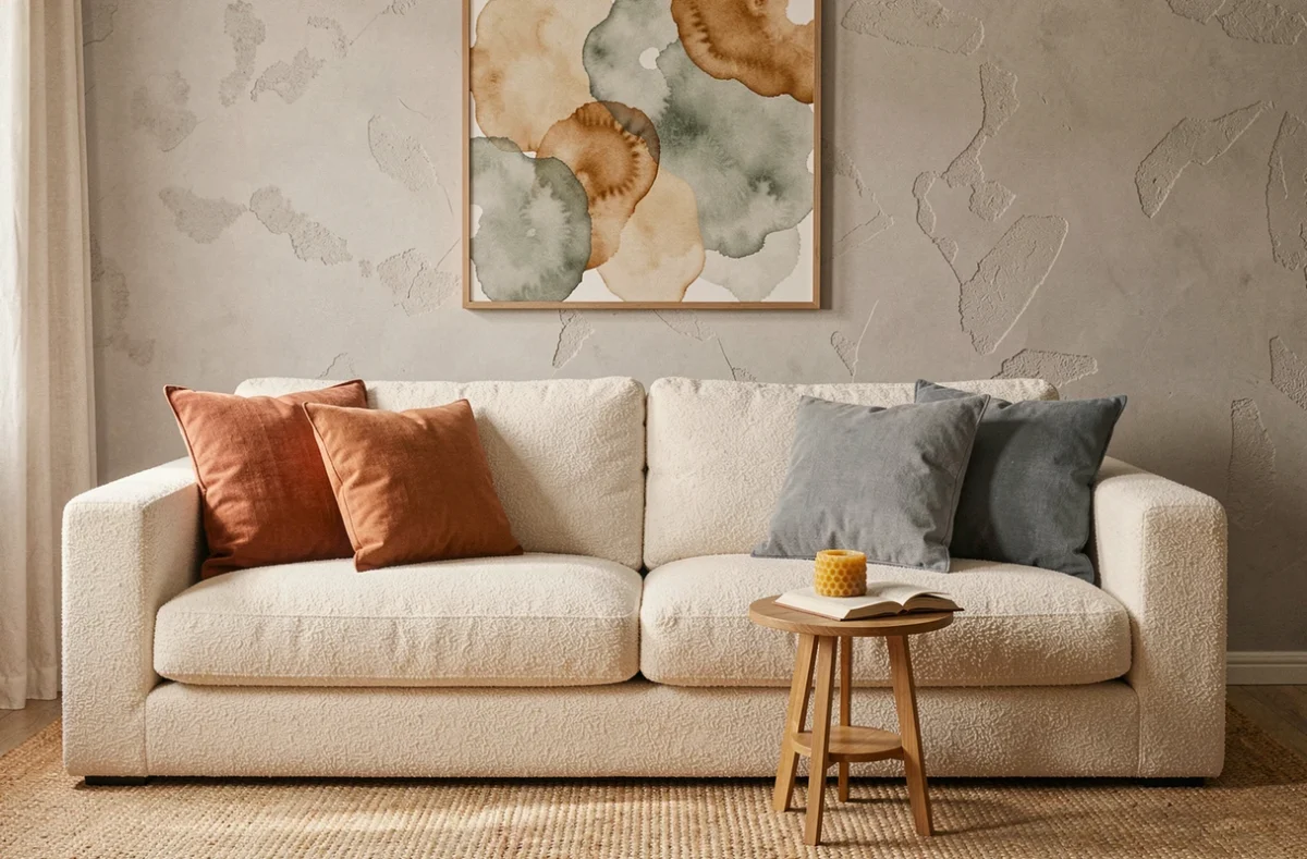 Intérieur salon décoré dans des tons miel, rouille et bleu-gris avec canapé bouclé et tapis en jute