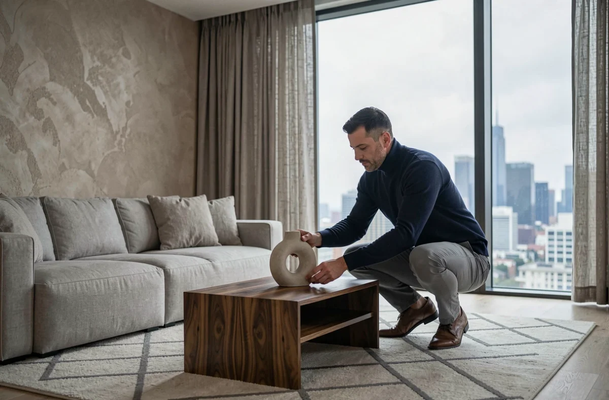 Décorateur d'intérieur ajustant les derniers détails décoratifs dans un salon contemporain haut de gamme avec vue urbaine