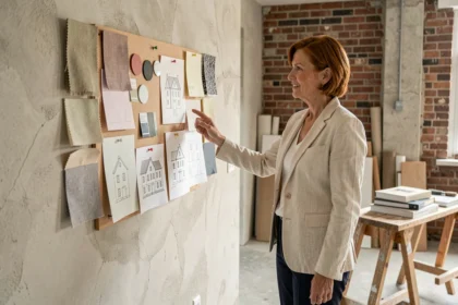 Décoratrice d'intérieur professionnelle présentant un moodboard avec échantillons de tissus et couleurs dans un appartement en rénovation