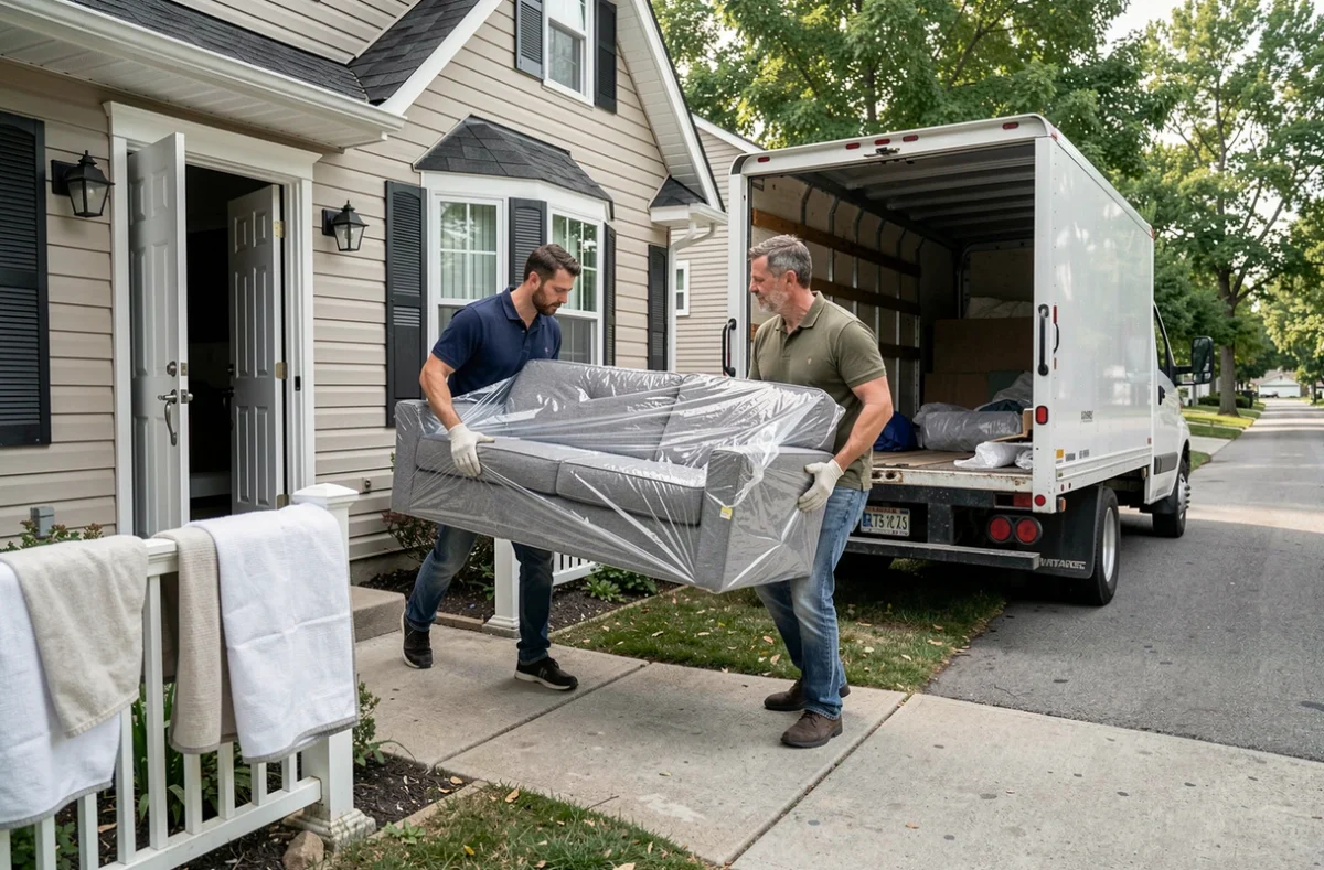 Deux déménageurs portant un canapé emballé hors d'une maison vers un camion de déménagement garé dans une rue résidentielle calme