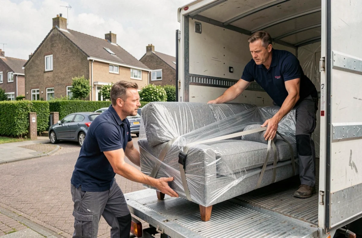 Deux déménageurs professionnels chargeant un canapé dans un camion 20m3 lors d'un déménagement de 50m2 en banlieue