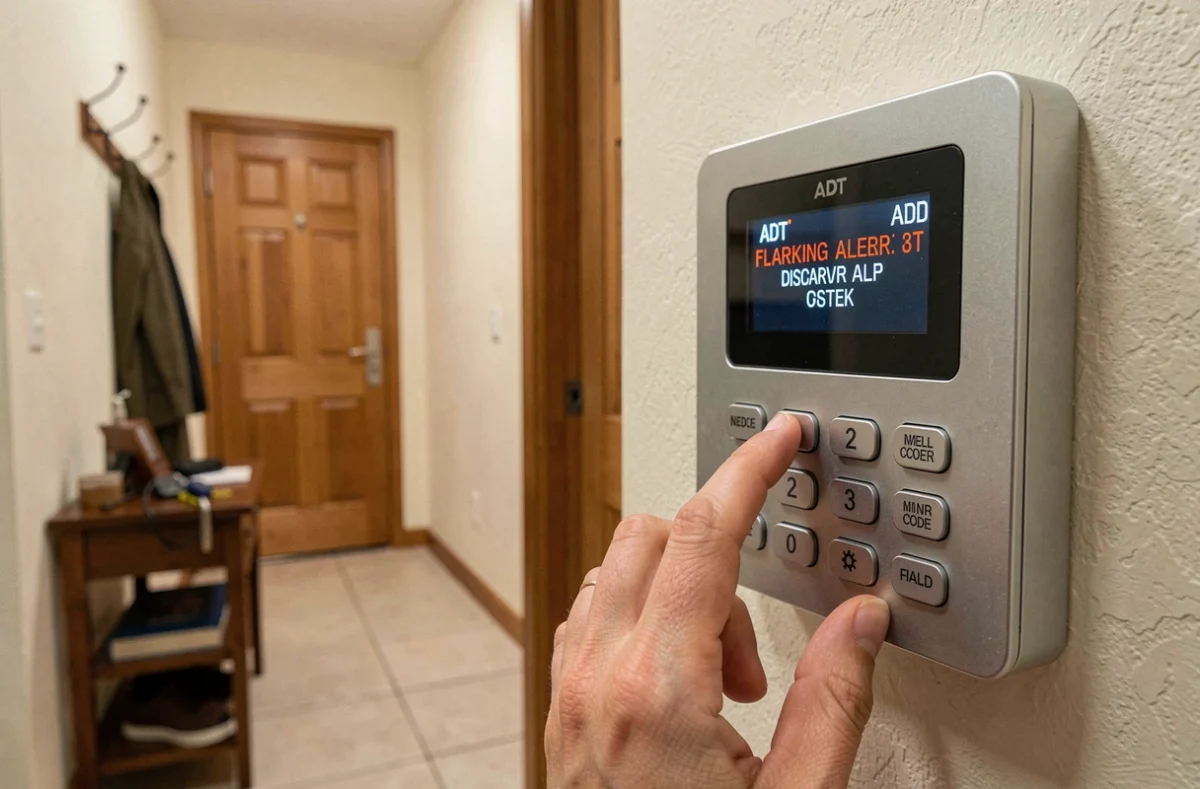 Main tapant le code de désactivation sur un clavier d'alarme ADT dans un couloir d'entrée
