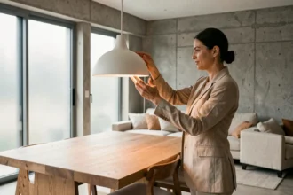 Designer examinant un luminaire suspendu moderne dans un salon contemporain aux murs en béton