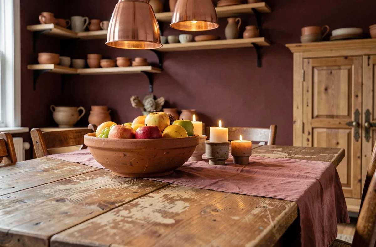 Détail de table en bois avec bol terracotta et bougeoirs dans une salle à manger aux tons bordeaux chauds