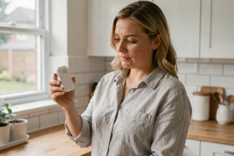 Femme examinant un détecteur de qualité de l'air dans sa cuisine moderne