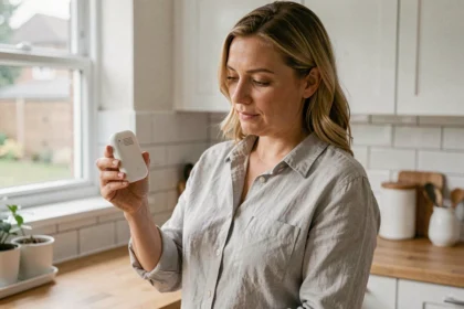 Femme examinant un détecteur de qualité de l'air dans sa cuisine moderne