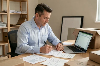 Homme remplissant un devis de déménagement à son bureau entouré de cartons et d'un ordinateur portable