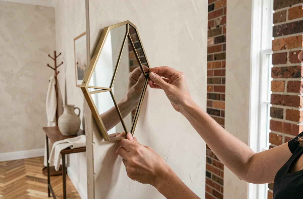 Mains accrochant un miroir en laiton dans un couloir stylé pour dynamiser l'entrée d'un appartement