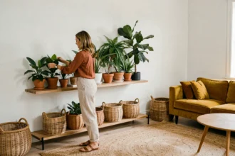 Femme arrangeant des plantes dans un salon moderne pour dynamiser la décoration intérieure