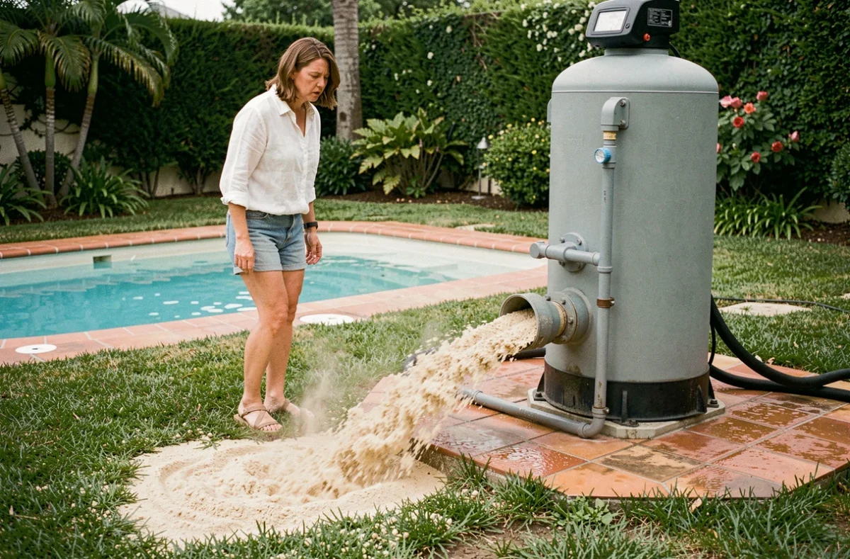 Femme observant l'eau chargée de sable s'écoulant du tuyau de purge d'un filtre piscine lors du rétrolavage