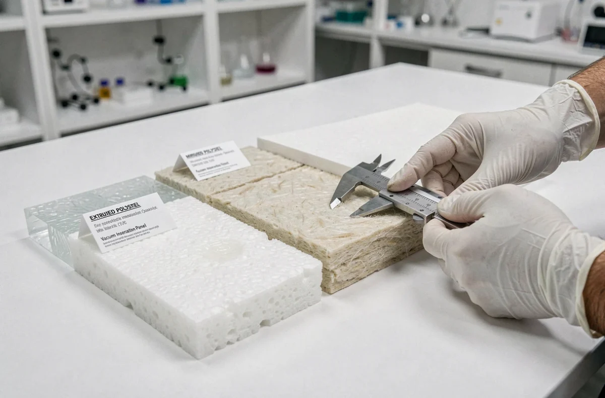 Comparaison de cinq matériaux isolants à épaisseur identique sur une table de laboratoire, incluant aérogel, polyuréthane, laine minérale et panneau isolant sous vide