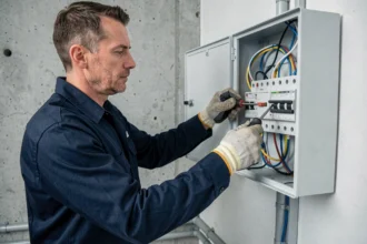 Électricien professionnel inspectant un tableau électrique résidentiel conforme aux normes NF C 15-100