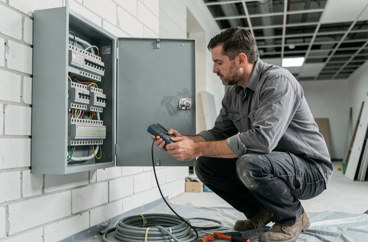 Électricien professionnel inspectant un tableau électrique avec des drivers LED sur un chantier de rénovation