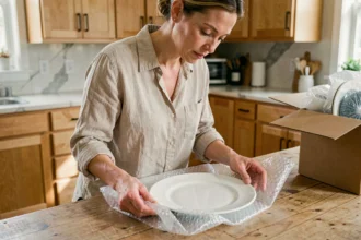Femme emballant une assiette blanche dans du papier bulle sur une table en bois lors d'un déménagement