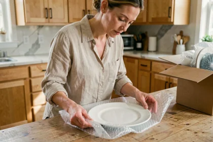 Femme emballant une assiette blanche dans du papier bulle sur une table en bois lors d'un déménagement