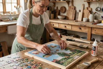 Femme appliquant de la colle sur un puzzle terminé pour le monter en cadre sur une table en bois