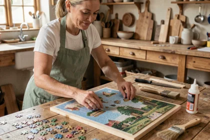 Femme appliquant de la colle sur un puzzle terminé pour le monter en cadre sur une table en bois