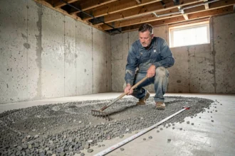 Entrepreneur étalant une couche de gravier dans une cave avec un râteau en acier, mesurant l'épaisseur idéale sur sol en béton brut