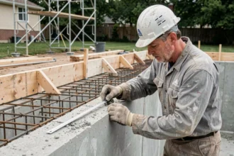 Ouvrier mesurant l'épaisseur des parois en béton d'une piscine en construction avec un mètre ruban métallique