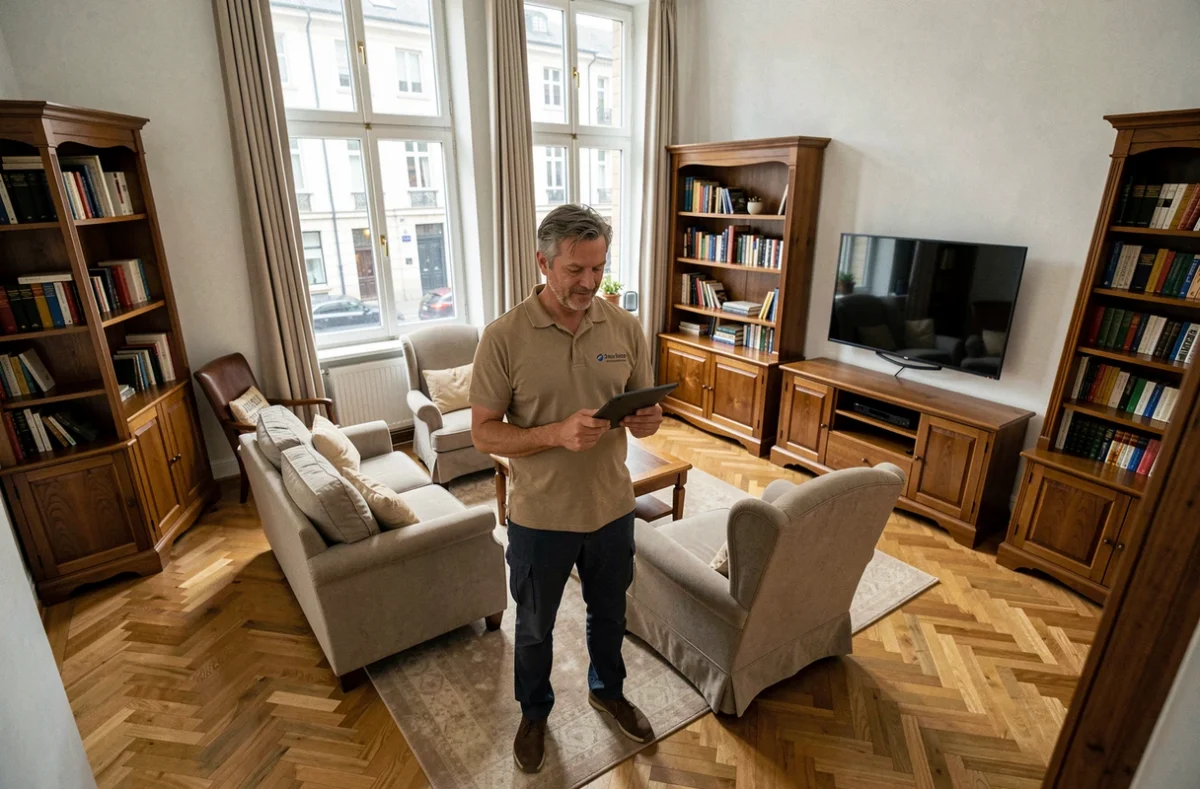 Déménageur professionnel estimant le volume d'un appartement meublé avec une tablette numérique