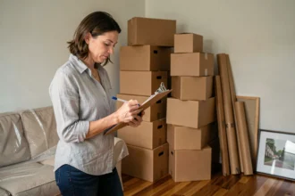 Femme estimant le volume de cartons de déménagement dans un appartement en cours d'emballage