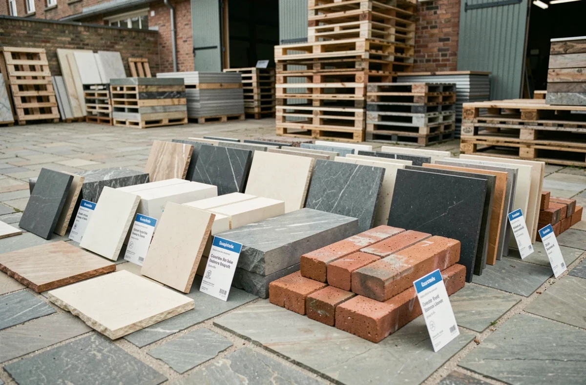Exposition de carreaux et blocs de pierres réfractaires variés dans une cour de marbrier, incluant stéatite, brique réfractaire et roche volcanique