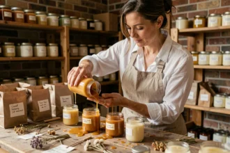 Artisane versant de la cire dans des moules à bougies dans un atelier fait main avec des étagères garnies de produits finis