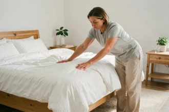 Femme faisant son lit avec une couette blanche dans une chambre minimaliste, illustrant l'entretien du lit et la question des acariens