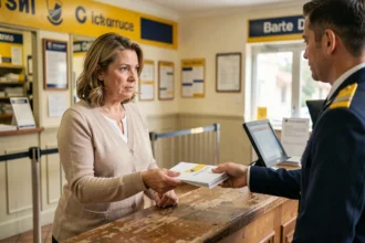 Une femme remet des enveloppes à un employé de La Poste au guichet pour faire suivre son courrier