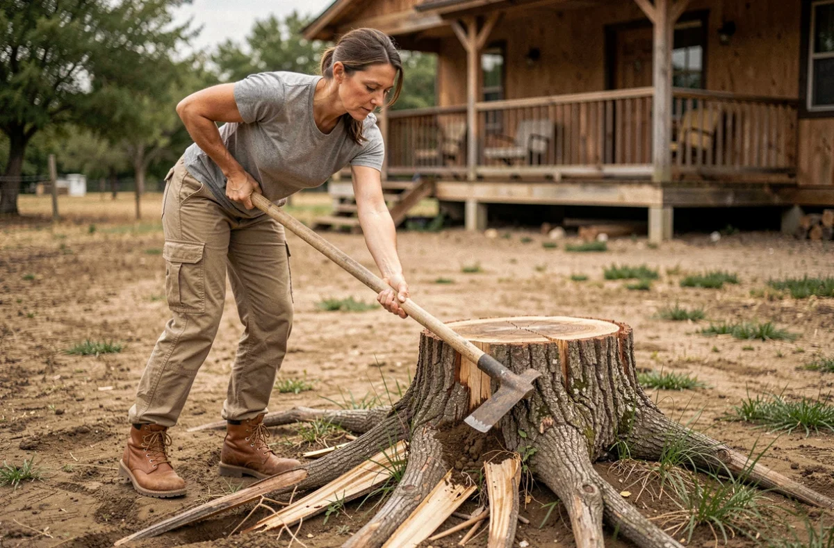 Femme utilisant une pioche pour dégager les racines d'une souche d'arbre dans un terrain rural sans machine
