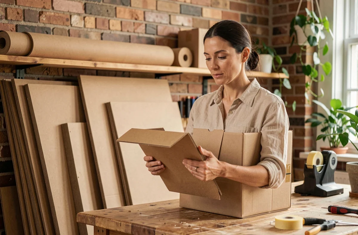 Femme examinant un carton d'emballage ondulé dans un atelier artisanal entouré de différents types de cartons