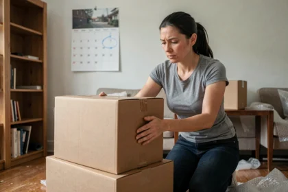 Femme en train d'empiler des cartons de déménagement dans un appartement avec un calendrier accroché au mur indiquant un jour de semaine