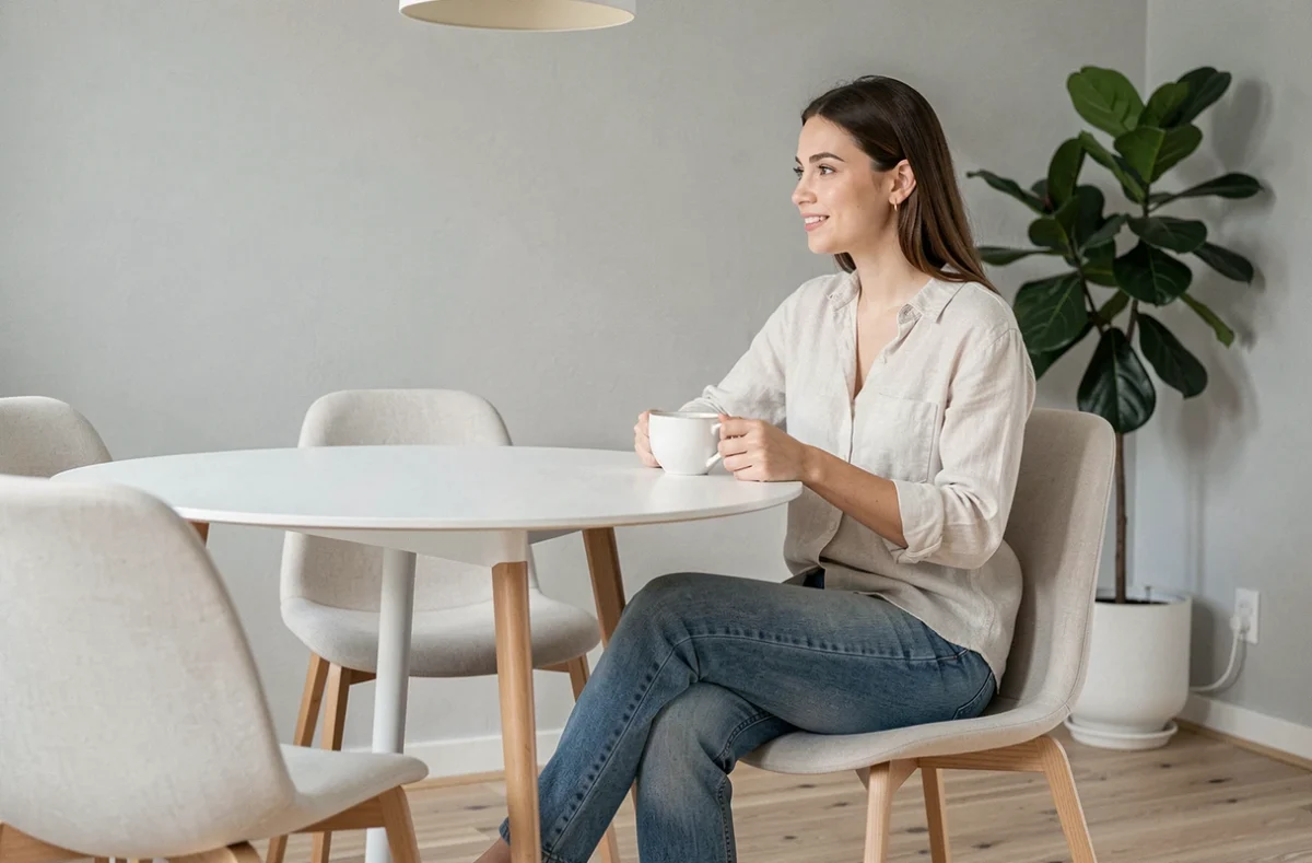 Femme assise sur une chaise d'appoint moderne à une table à manger ronde dans un appartement scandinave