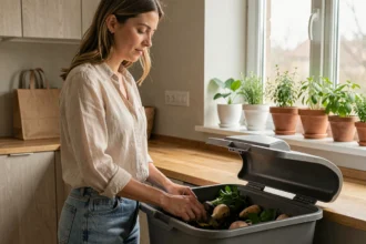 Femme triant ses déchets organiques dans un bac à compost dans une cuisine moderne pour réduire son empreinte carbone