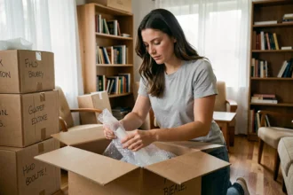 Femme emballant des objets fragiles dans des cartons lors d'un déménagement rapide en une semaine