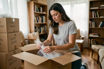 Femme emballant des objets fragiles dans des cartons lors d'un déménagement rapide en une semaine