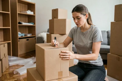 Femme étiquetant des cartons de déménagement dans un salon à moitié emballé