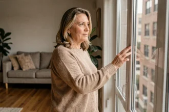 Femme touchant une fenêtre à double vitrage dans un salon moderne, illustrant les économies d'énergie réalisées grâce à l'isolation thermique