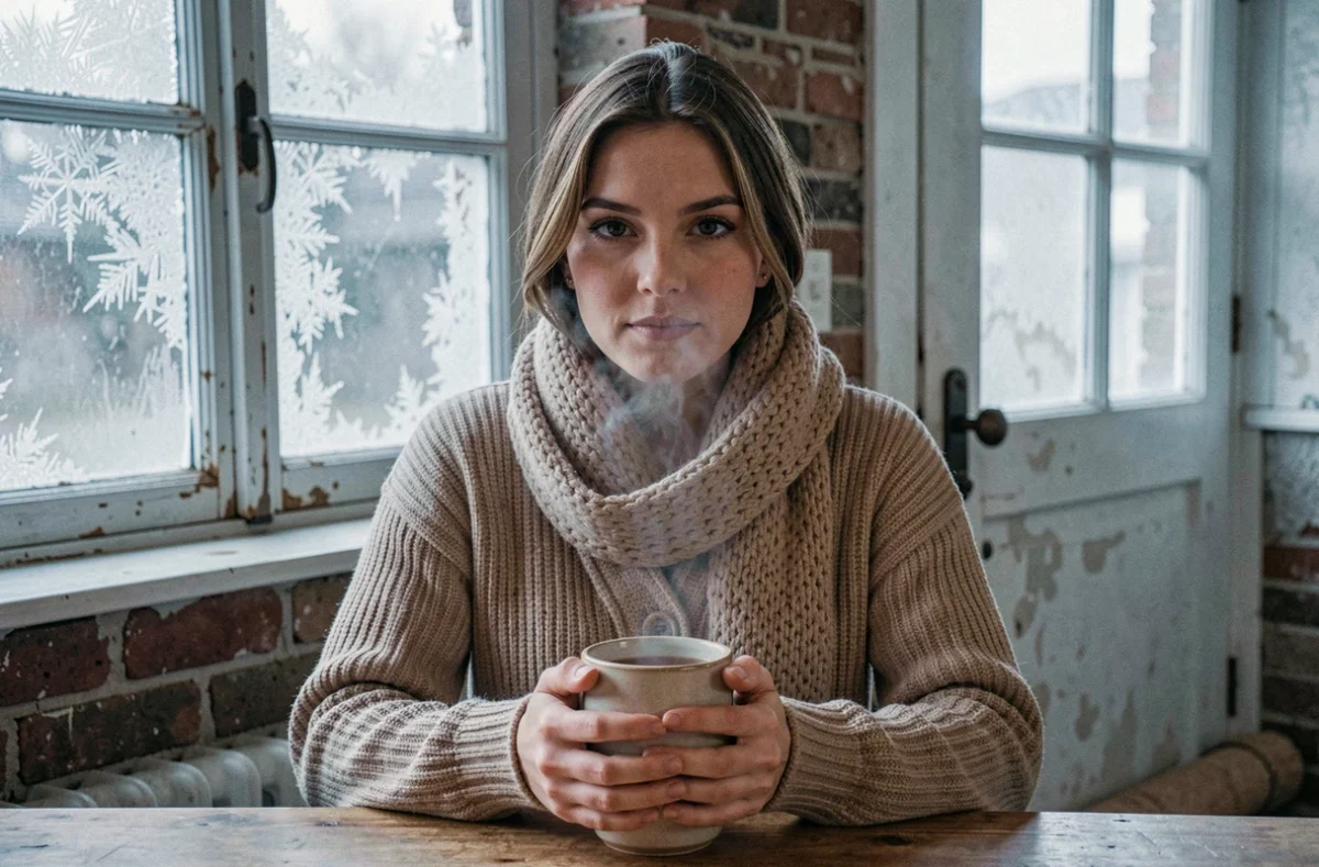 Jeune femme emmitouflée tenant une tasse de thé chaud dans une cuisine froide sans isolation avec givre sur les fenêtres