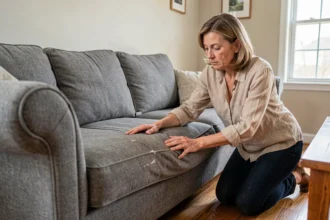 Femme inspectant un canapé affaissé dans un salon moderne pour identifier les zones à renforcer