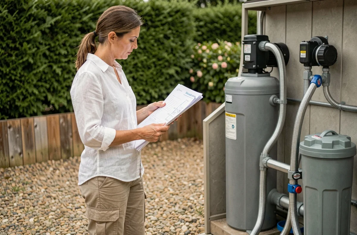Femme consultant un plan d'installation de chauffage de piscine par tuyaux solaires près d'un local technique