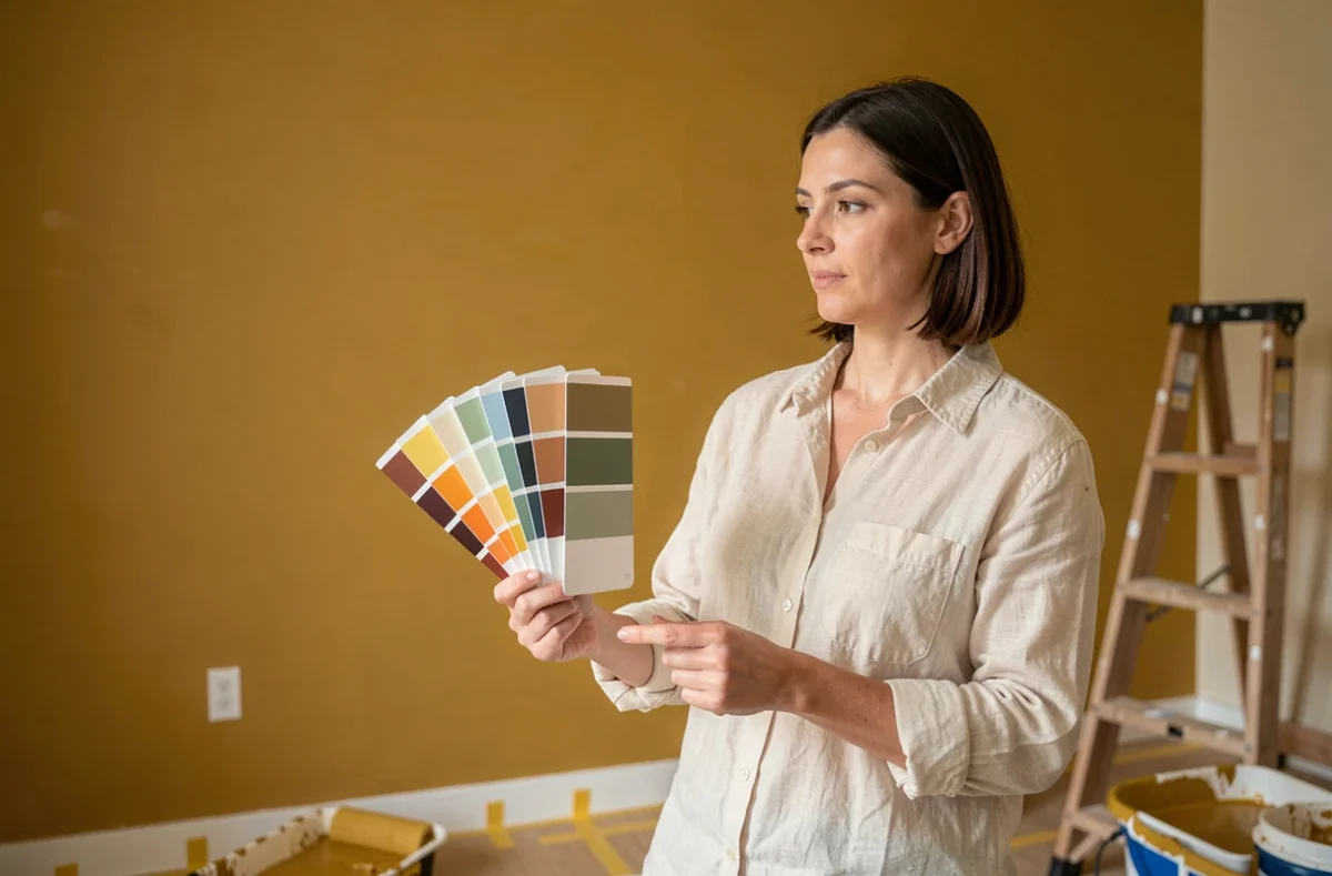 Femme comparant des nuanciers de peinture jaune moutarde dans une chambre en cours de rénovation pour réchauffer l'atmosphère